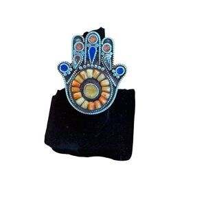 Large Southwestern Silver Tone Hamsa Hand Ring Turquoise Lapis Coral Size 8.5